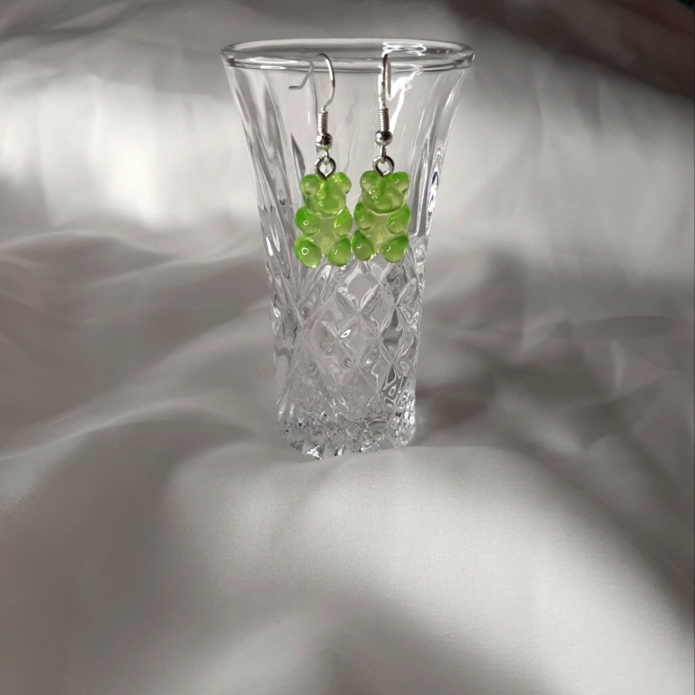 Clear Lime Green Acrylic Gummy Bear Earrings.
